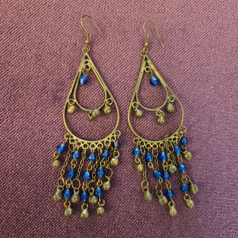 Long Brass & Blue Bead Chandelier Earrings